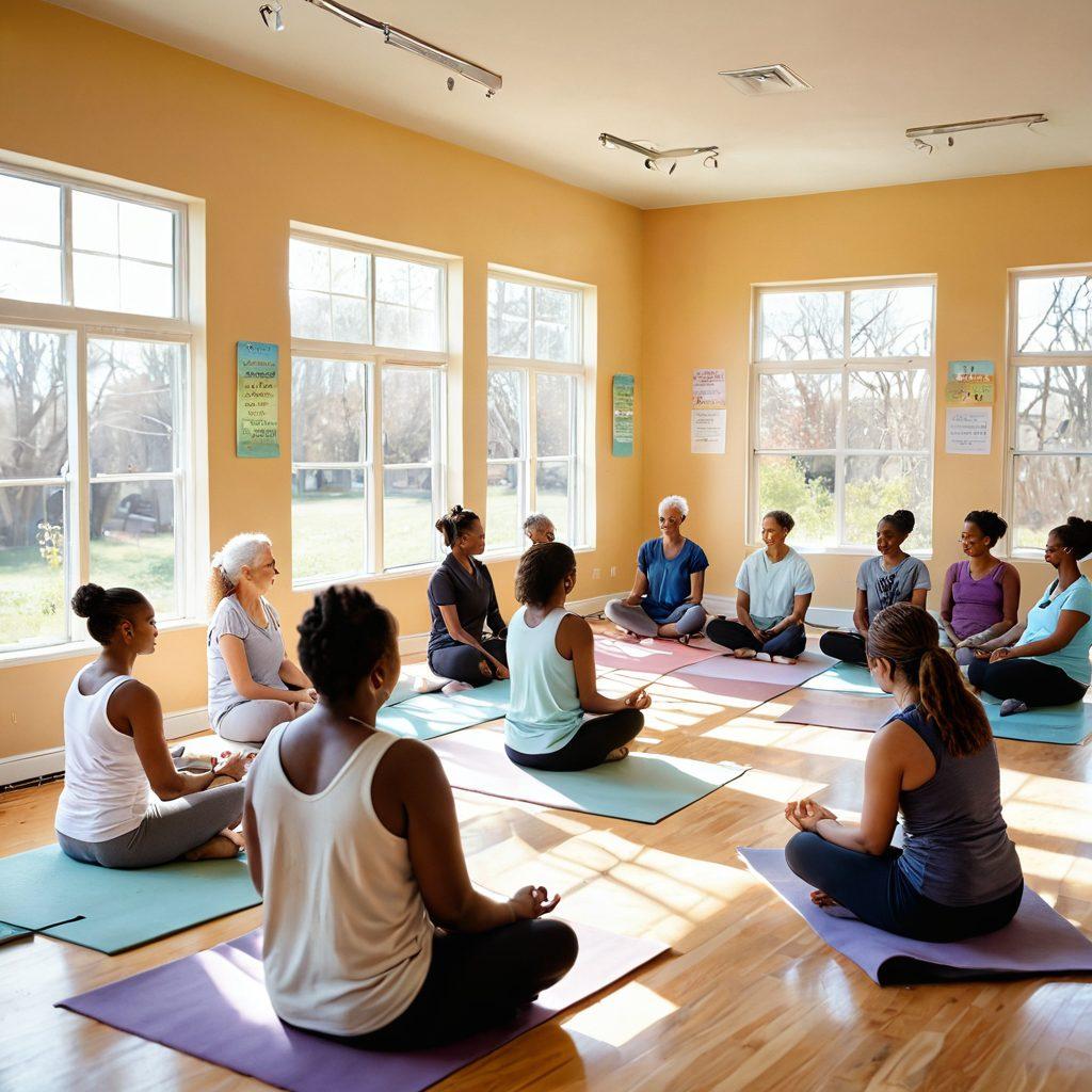 A warm and inviting scene showcasing a diverse group of people gathered in a cozy, sunlit community center. They are engaged in various supportive activities like group discussions, art therapy, and yoga, symbolizing connection and healing in cancer recovery. Soft pastel colors envelop the space, with inspiring quotes on the walls. The atmosphere is filled with hope, compassion, and empowerment. painting. vibrant colors.