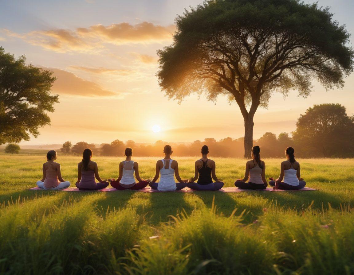A serene landscape depicting a sunrise over a lush green field, symbolizing hope and renewal. In the foreground, a diverse group of cancer fighters practicing yoga and meditating, showcasing strength and unity. Surround them with symbols of holistic health like fresh fruits, herbs, and essential oils. The atmosphere is uplifting and vibrant, capturing the essence of a positive lifestyle change. vibrant colors. super-realistic. peaceful ambiance.