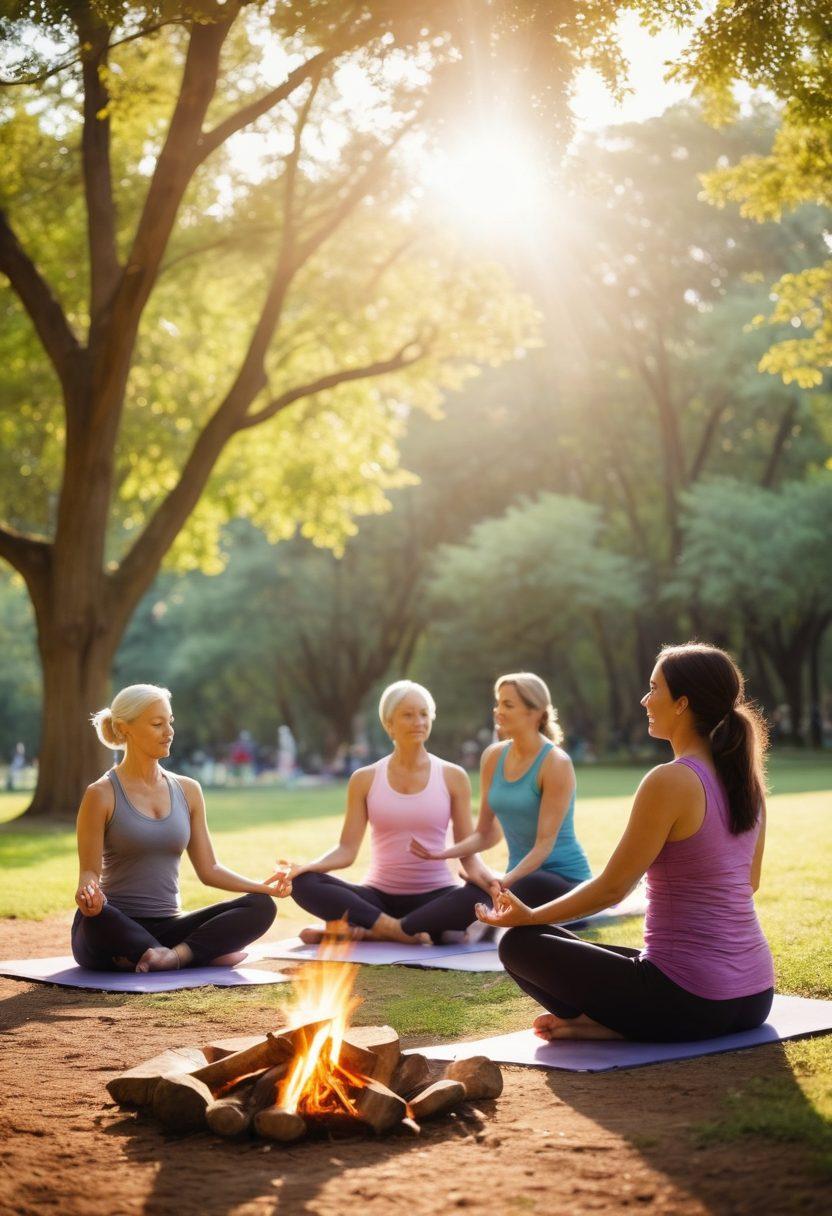 A serene setting featuring a diverse group of cancer survivors engaged in various empowering lifestyle changes, such as yoga in a sunlit park, cooking healthy meals, and sharing stories around a fire. Include elements of nature, warmth, and hope, with inspirational quotes subtly integrated into the background. The image should exude positivity, resilience, and community support. vibrant colors. soft focus. inspirational style.